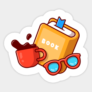 Book, Eyeglasses And Cup Of Coffee Cartoon Sticker